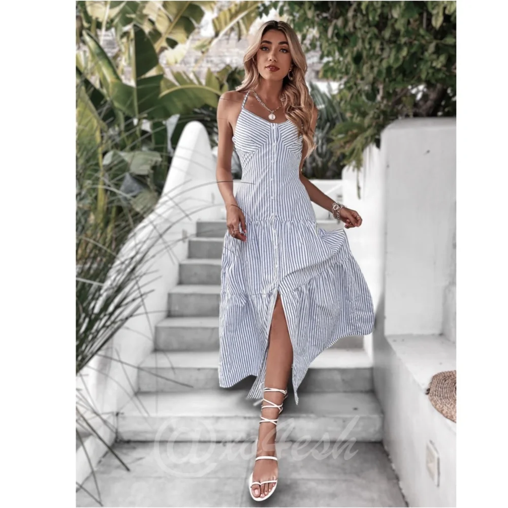 Striped Boho Maxi Button Front White Dress - Picture 5 of 8
